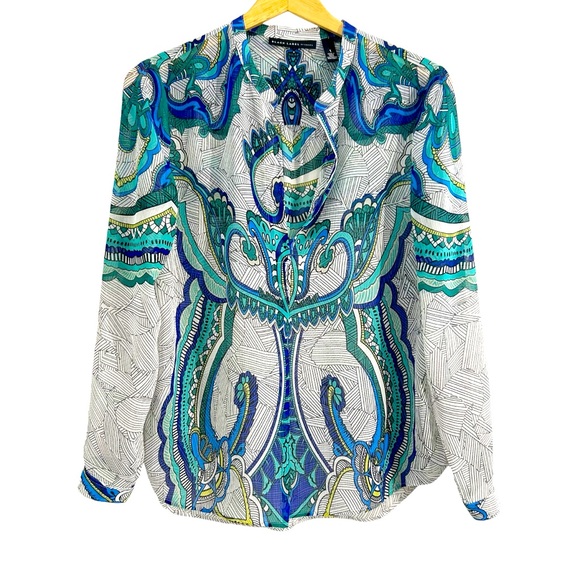 Chico’s Black Label Multicolor Geometric Print Semi Sheer Blouse Size 1 Small - Picture 1 of 11